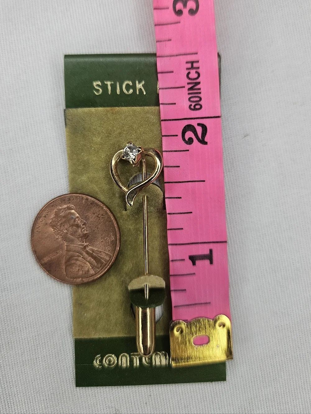 Vintage Gold Tone Heart And Clear Rhinestone Stick Pin 1980s Contempra